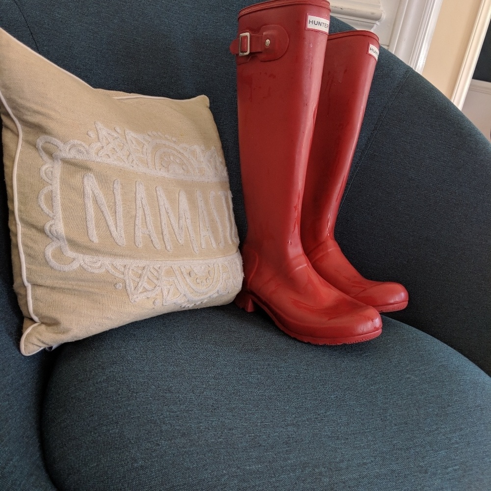 Tall red matte hunter boots